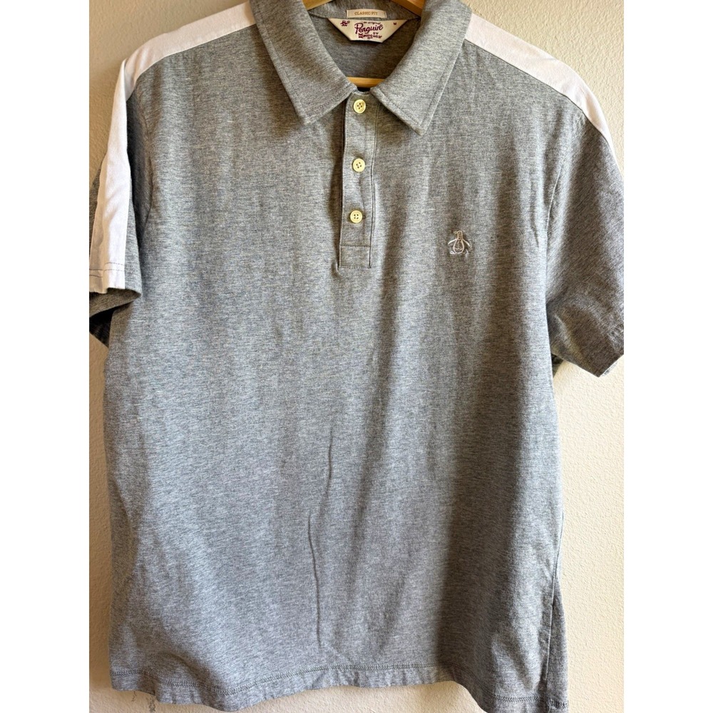 Original Penguin Men's Polo Shirt Size M Gray White Colorblock Classic Fit Golf